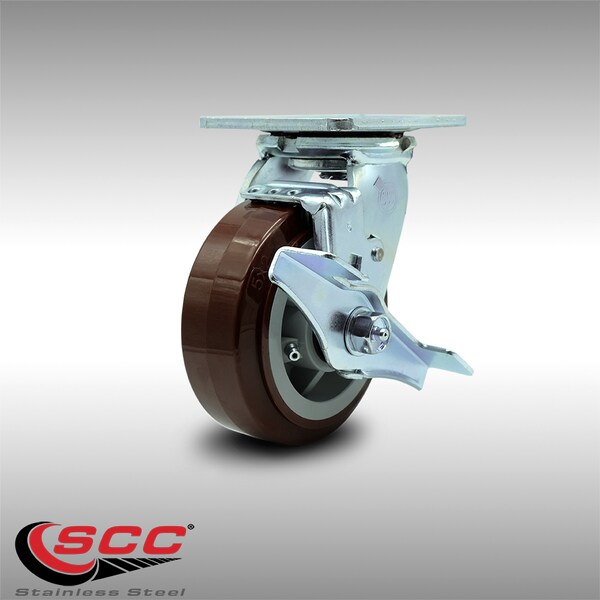Service Caster 5 Inch Stainless Steel Polyurethane Swivel Caster with Roller Bearing and Brake SCC-SS30S520-PPUR-TLB - main